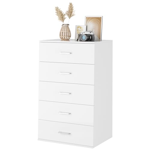 5 Drawer Dresser Chest with Metal Handles, White Storage Cabinet