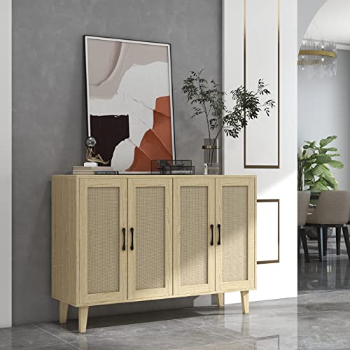Buffet Storage Cabinet with Rattan Decoration for Living Room and Kitchen (Natural Wood)