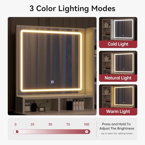 White Makeup Vanity Desk with LED Lighted Mirror and Side Storage - No Chair