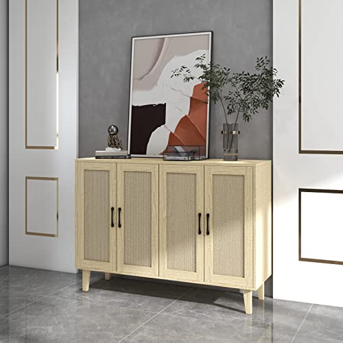 Buffet Storage Cabinet with Rattan Decoration for Living Room and Kitchen (Natural Wood)