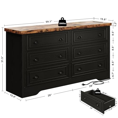 LIKIMIO 6-Drawer Bedroom Dresser with Power Strip, Farmhouse Style, Rustic Brown & Black