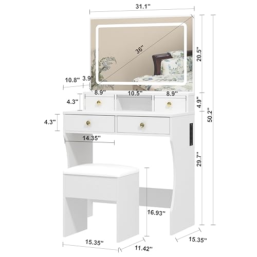 Girls Vanity Desk Set with Lighted Mirror and Storage (White)