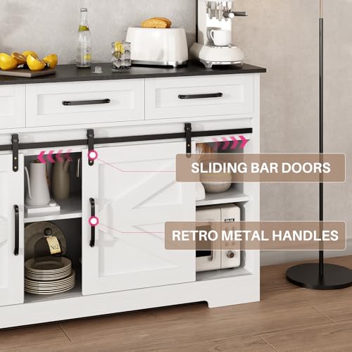Farmhouse Buffet Cabinet with Wine Bar, Sliding Barn Door, and Storage - White