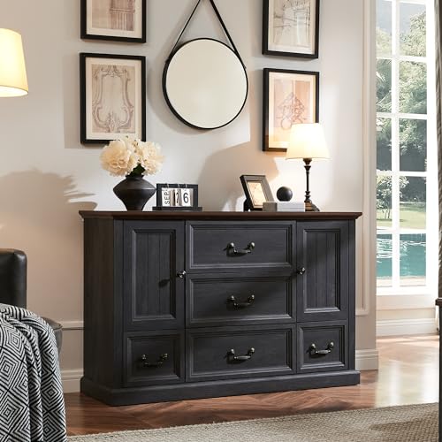 Farmhouse 5 Drawer Dresser for Bedroom, Rustic Storage Organizer Chest, Dark Grey