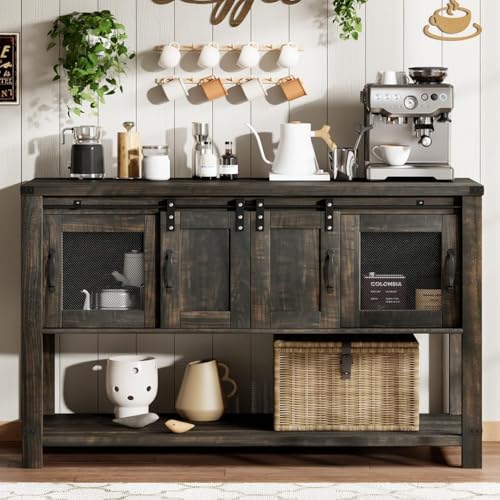 Coffee Bar Table with Storage and Sliding Barn Door - 47 Farmhouse Console for Living Room