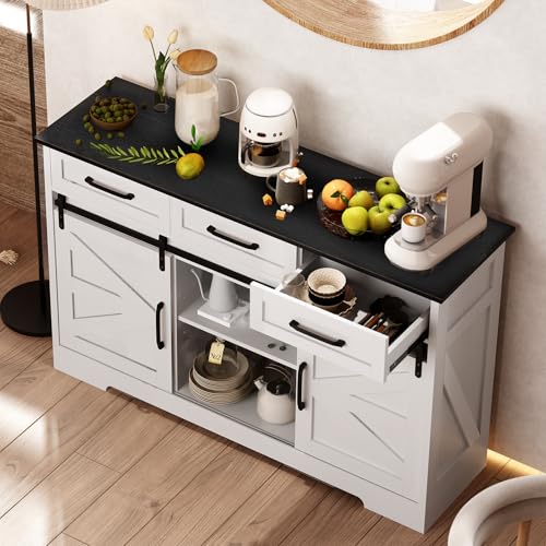 Farmhouse Buffet Cabinet with Wine Bar, Sliding Barn Door, and Storage - White