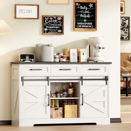 Farmhouse Buffet Cabinet with Wine Bar, Sliding Barn Door, and Storage - White