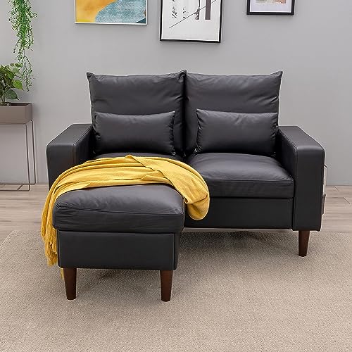 Modern Black Leather-Like 2-Seater Sectional Sofa with Ottoman for Small Spaces