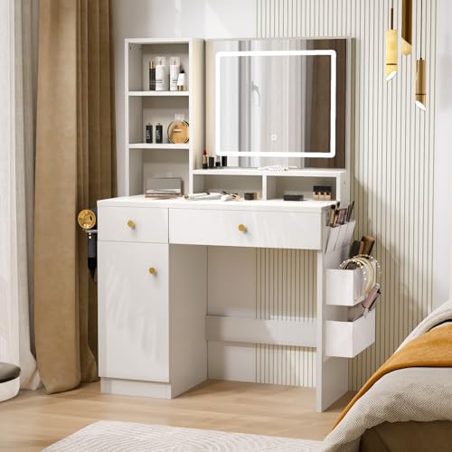 White Makeup Vanity Desk with LED Lighted Mirror and Side Storage - No Chair