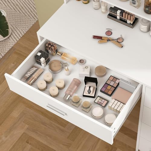 Makeup Vanity Desk with Mirror, Lights, Drawers & Shelves - Bedroom Vanity Table