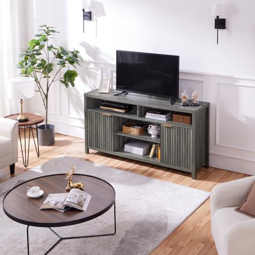 Fluted TV Stands for Living Room, Mid Century Modern TV Stands for 50/55/60/65 Inch TVs, Oxford Media TV Console (Midnight Oak)