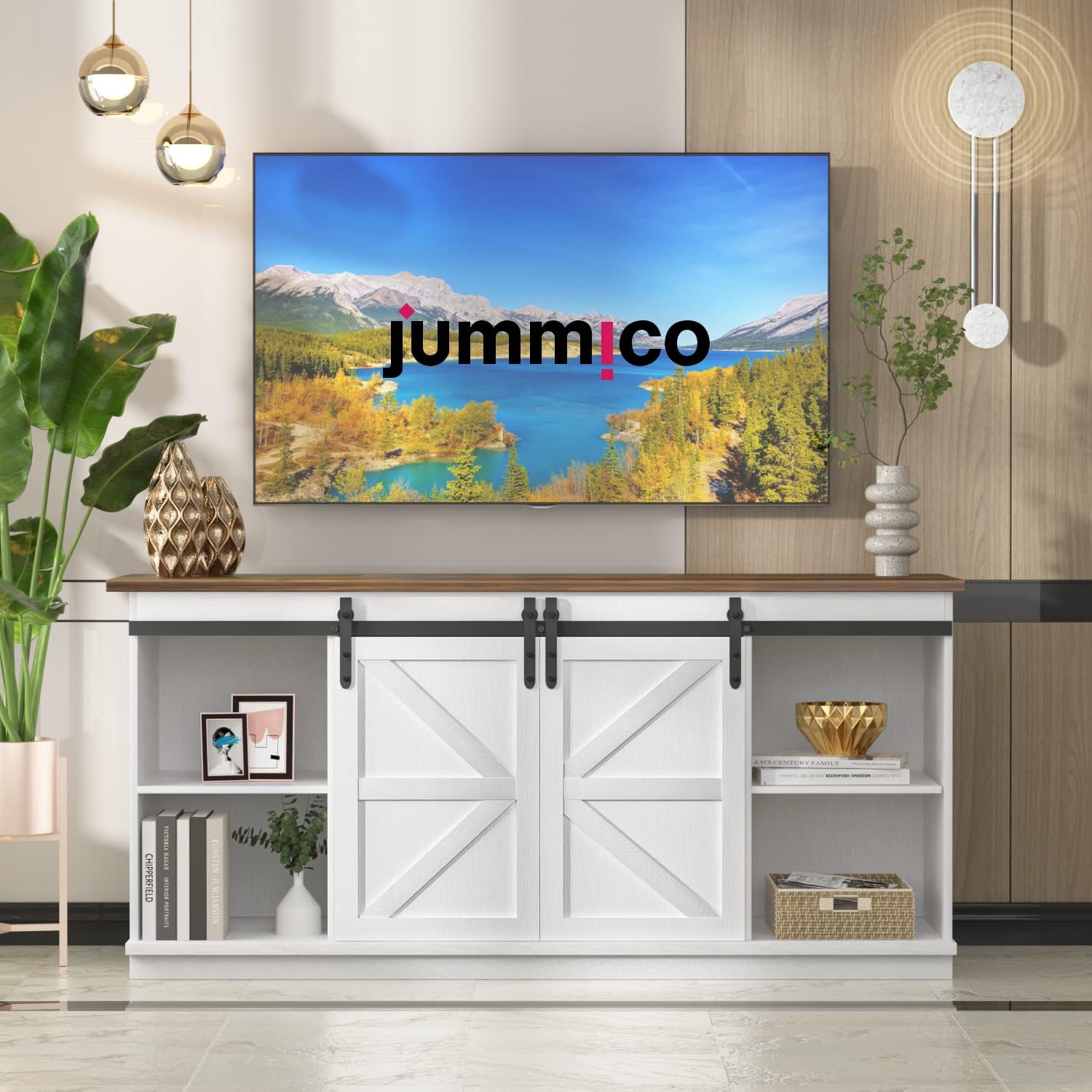 JUMMICO 65 TV Stand, Mid-Century Modern Media Console with Storage