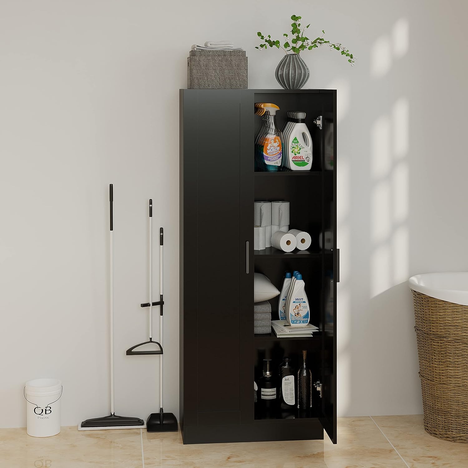 MANATEE TALES Wooden Narrow Pantry Cabinet with 2 Doors and Shelves (Black)