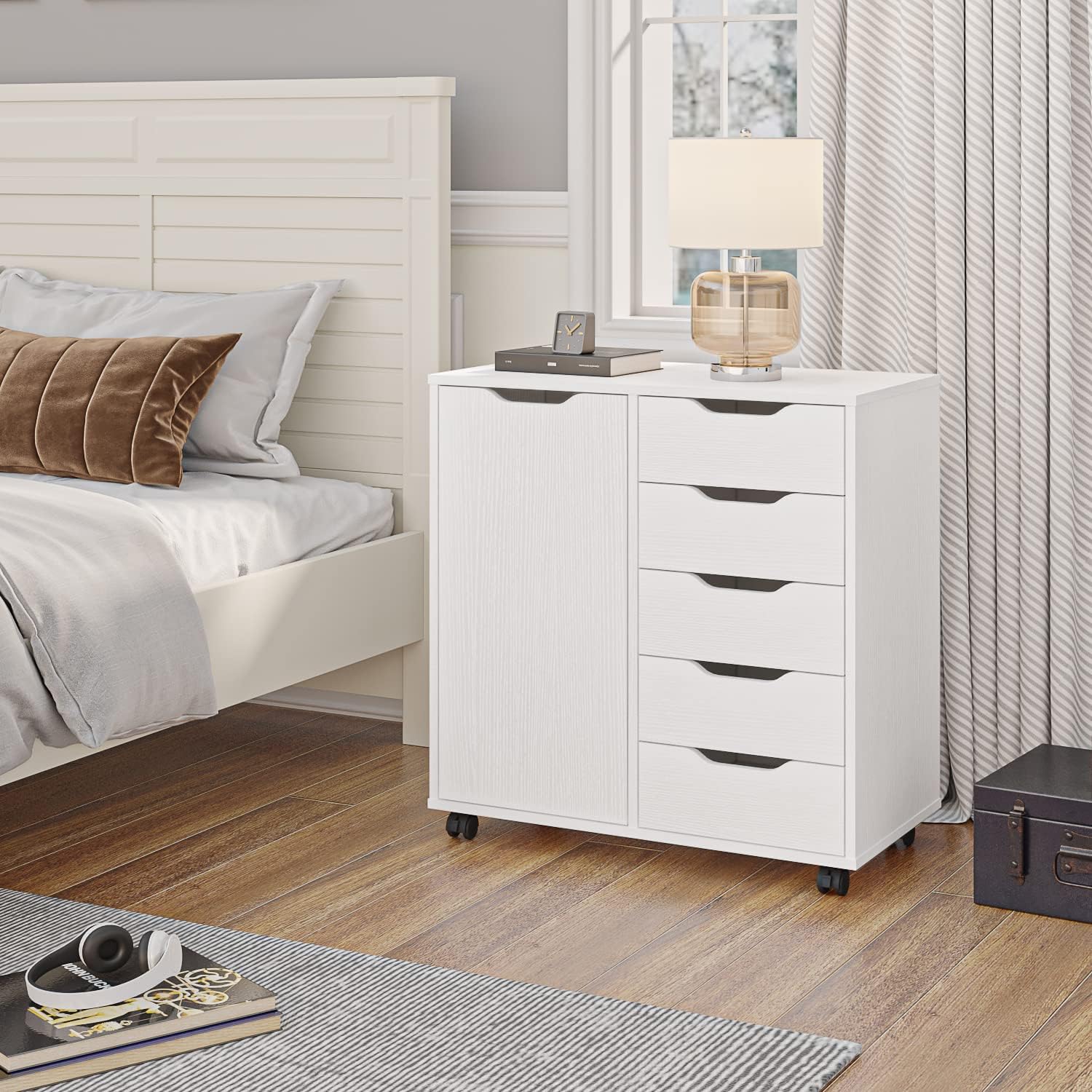 MANATEE TALES 5-Drawer Chest with 1 Door, Wooden Storage Dresser Cabinet with Wheels for Office and Bedroom (White)